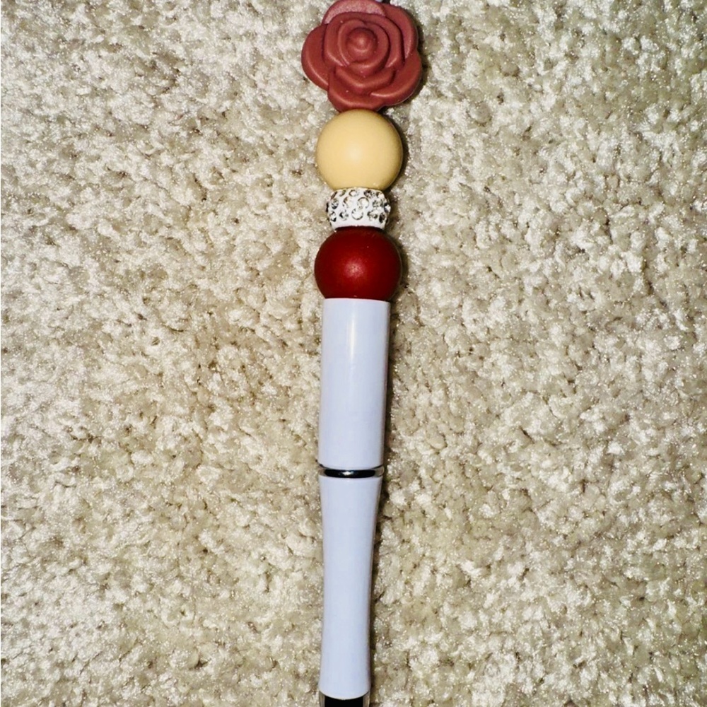 Pretty Rose Flower Beaded Pen Handcrafted Black Ink Pen